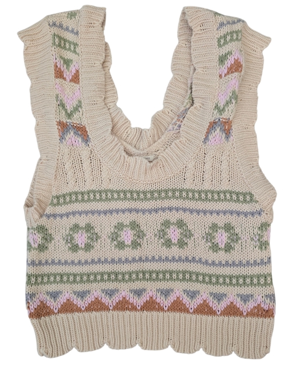 Anthropologie Cream Knit Vest with Green Accent Size S